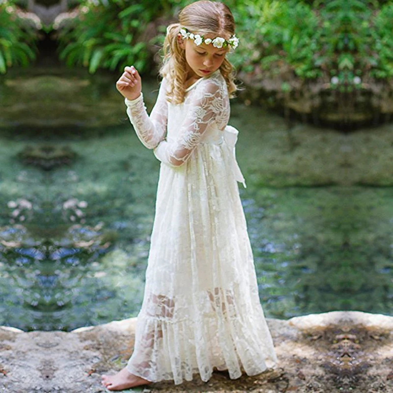Кружевная пляжная одежда с длинными рукавами для подростков Длинные платья принцессы Детское платье с цветочным узором для девочек на свадьбу, для детей 2, 4, 6, 8, 10, 12 лет