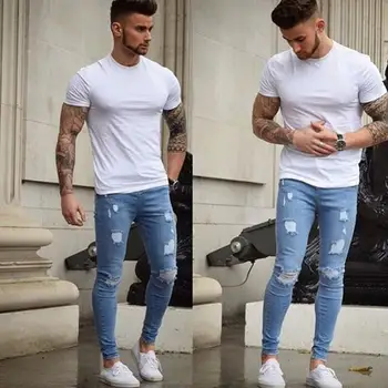 

2018 New Casual Men Hole Jeans Taped Slim Moto Biker Denim Fashion Jeans Stretchy Skinny Frayed Ripped Pant Distressed Trourser
