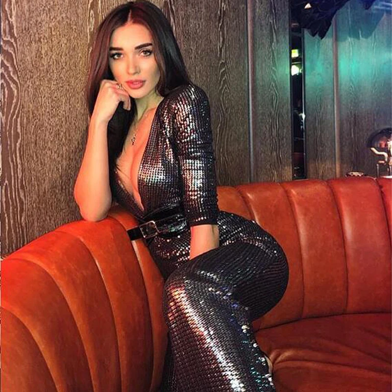 

Women Jumpsuit Sexy Deep V Neck Night Out Silver Sequin Shining Clubwear Party Jumpsuit Summer Short Sleeve Bodycon Jumpsuits