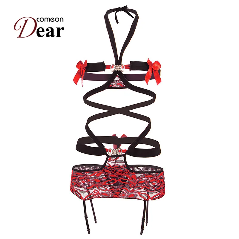 Lingerie Bodies Women Open Cup Erotic Bodysuit Halter Bandage Red Blue Body Sexy Mujer Teddy + Stockings J80126