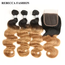 Rebecca Remy Brazilian Ombre Light Brown Human Hair Bundles With Closure Body Wave 3 Bundles Hair Weave 1 Pc 4×4 Lace Closure