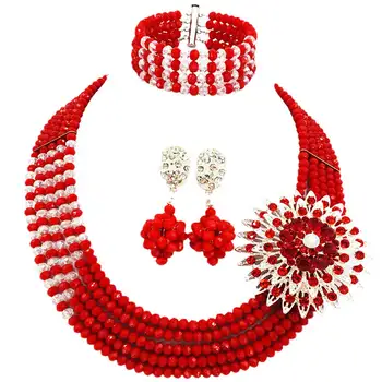

Opaque Red Clear Transparent Nigerian Wedding African Beads Jewelry Set Crystal Beaded Necklace Sets Bridal Jewelry Sets 5RJZ31