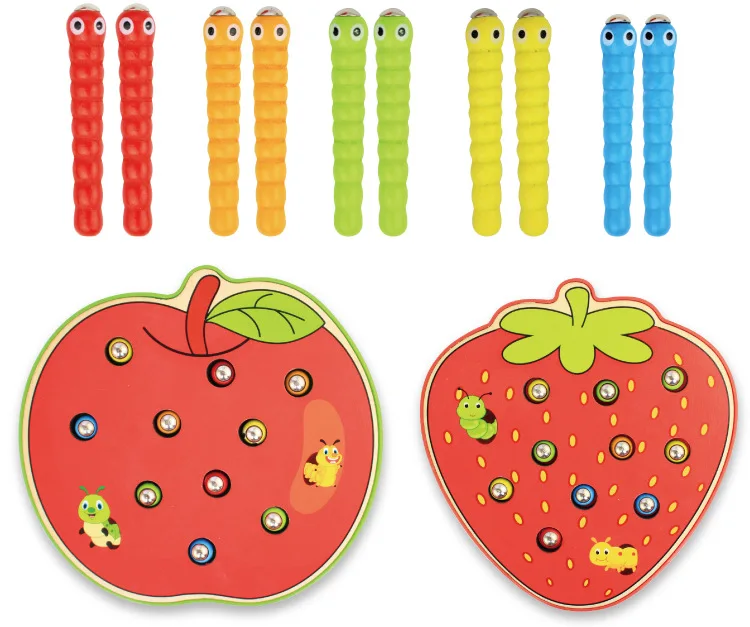 Креативные Деревянные игрушки для детей раннего возраста развивающие игрушки цветные когнитивные клубника яблоко Магнитная ловля червь игра унисекс