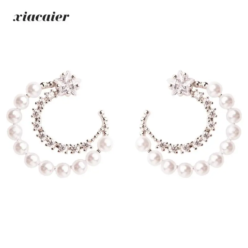 

Xiacaier Simulated Pearl Moon Star Stud Earrings For Women Silver Color Cubic Zirconia Earrings Wedding Fashion Jewelry 2018 New