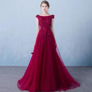

Holievery Scoop Neck Tulle Long Evening Dress with Lace Flower Robe Soiree Floor Length Formal Dress Elegant Abiye Elbise