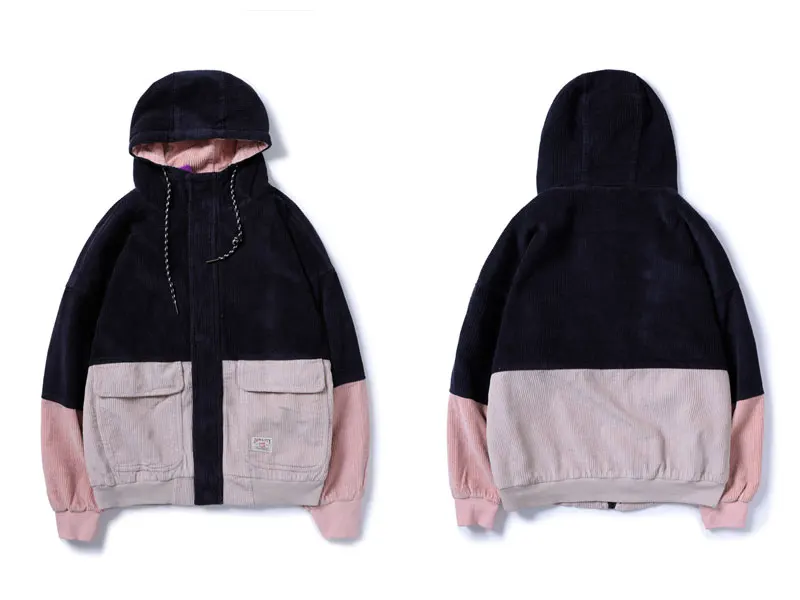 Color Block Patchwork Corduroy Hooded Jackets 5
