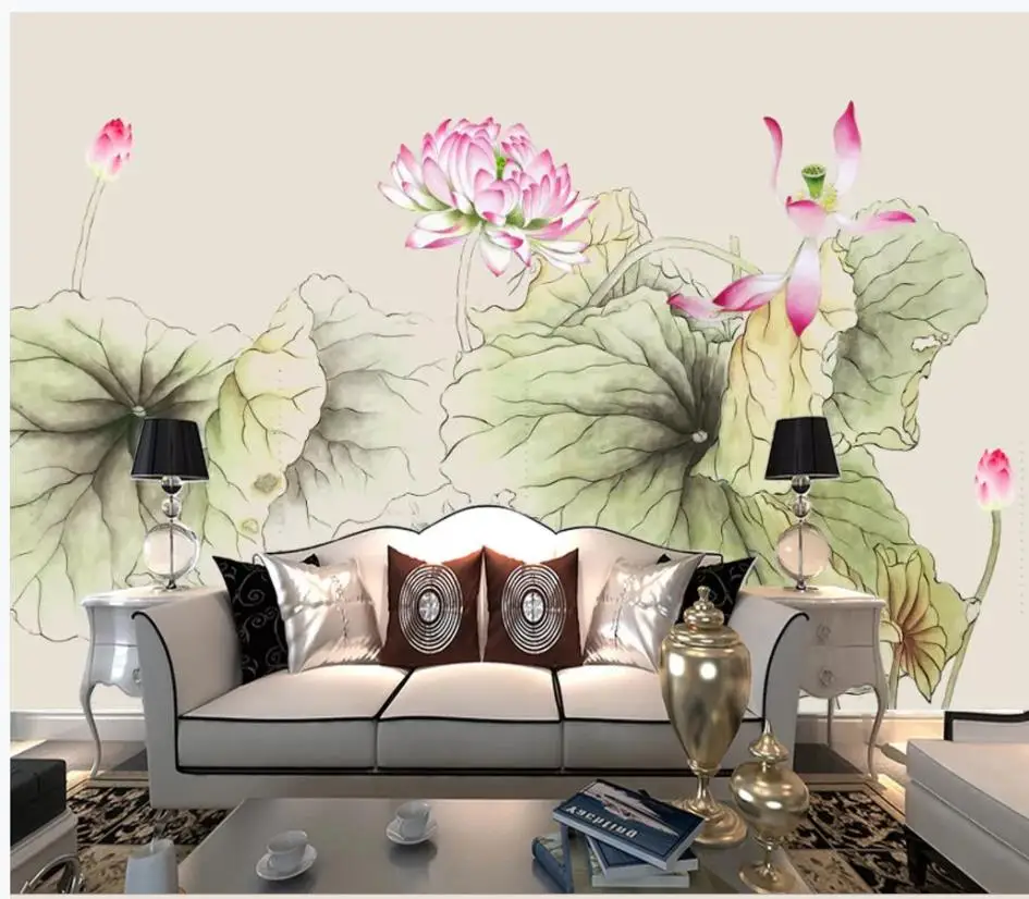 Chinese style hand-painted red lotus TV background wall modern wallpaper for living room Chinese style hand-painted red lotus TV background wall modern wallpaper for living room