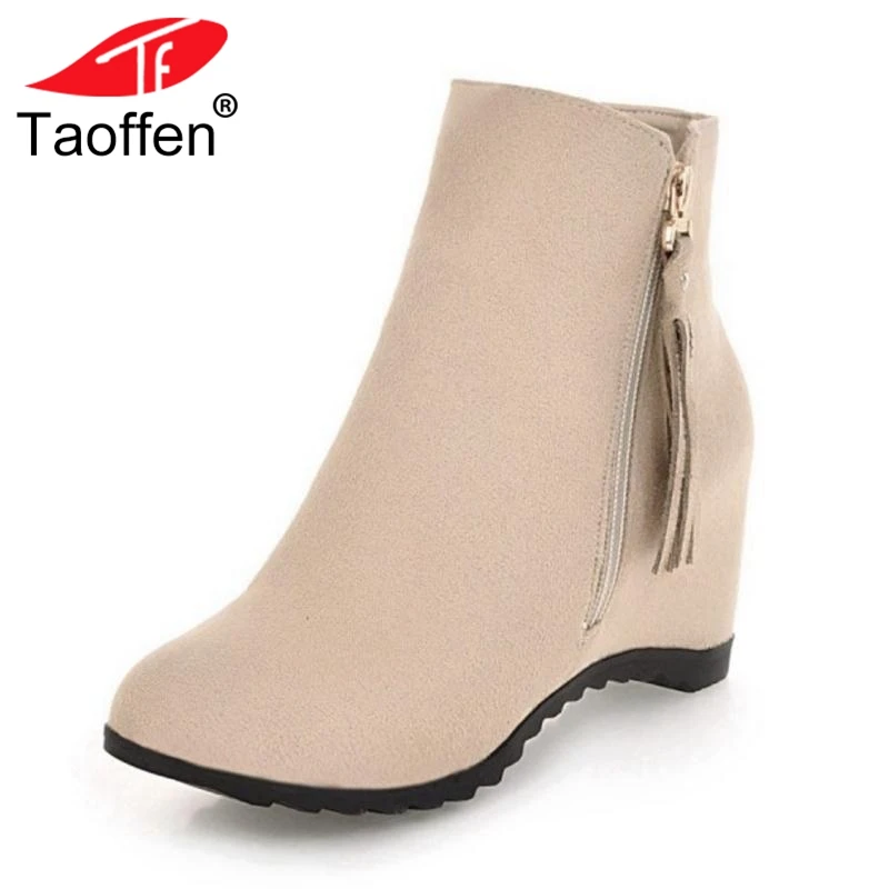 

TAOFFEN Size 34-43 Ladies Ankle Boots Wedges Fringes Zipper Round Toe Winter fur Boots Woman Korean Shoes Woman Footwear
