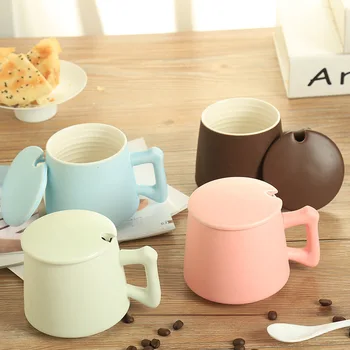 

New Pattern Creative Lovely Pinkycolor 350ml Ceramic Mug Cartoon Milk Coffee Mug With A Lid And A Spoon