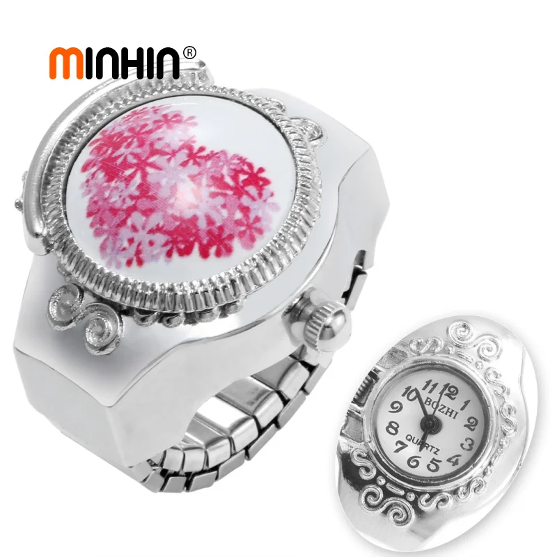 

MINHIN Women Lovely Ring Watches Fashion Silver Alloy Finger Watches Casual Jewelry Elastic Band Ring Watch Mother's Gift