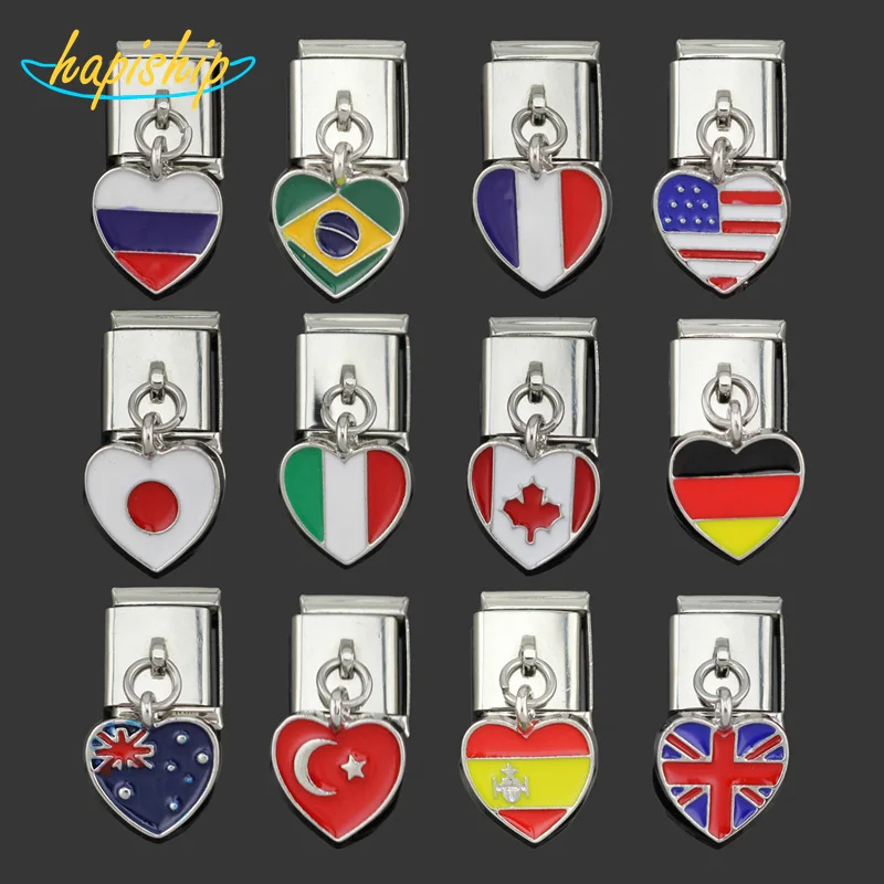 

Hapiship 13mm Width Original Daisy Heart World National Flag Italian Charm Fit Bracelet Stainless Steel Jewelry Making DJ036