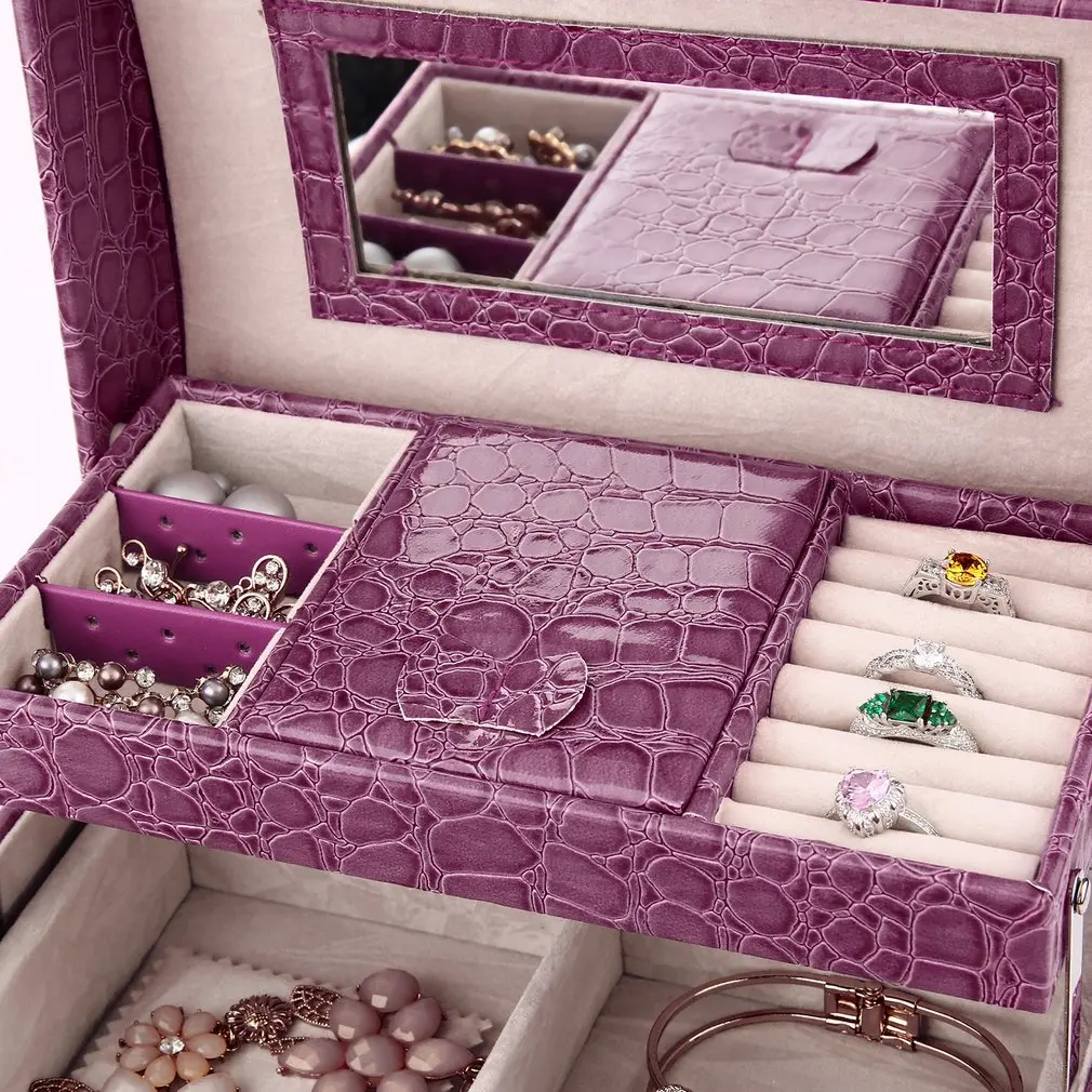 3 Layers Luxury Leather Jewelry Display Box Ring Necklace Bracelet Storage Carrying with Mirror Case Organizer holder Jewelry Jewelry Packaging
