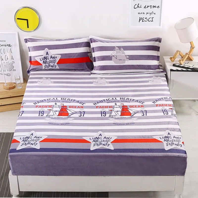 

Fashionable Color Stripe Fleece Fabric Winter Warmth Fitted Sheet With An Elastic Band Bed Sheets Linen Bedspread Mattress Cover