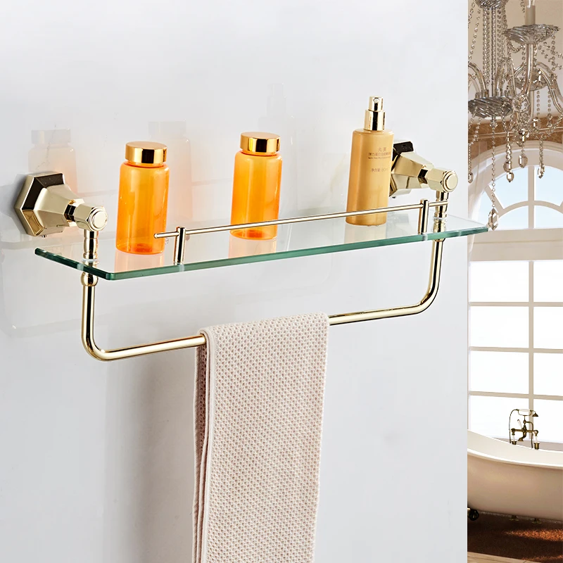 

Wall Mounted Gold Bathroom Bath Shelf with Towel Holder Hotel Home Clothes Towel Holder Storage Rail Shelf 93013K