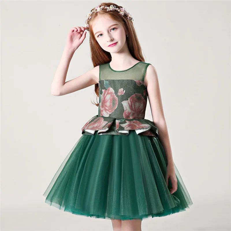 

Summer Elegant Kids Babies Printing Flowers Green Birthday Evening Party Ball Gown Princess Dress Girls Host Tutu Costume Dress
