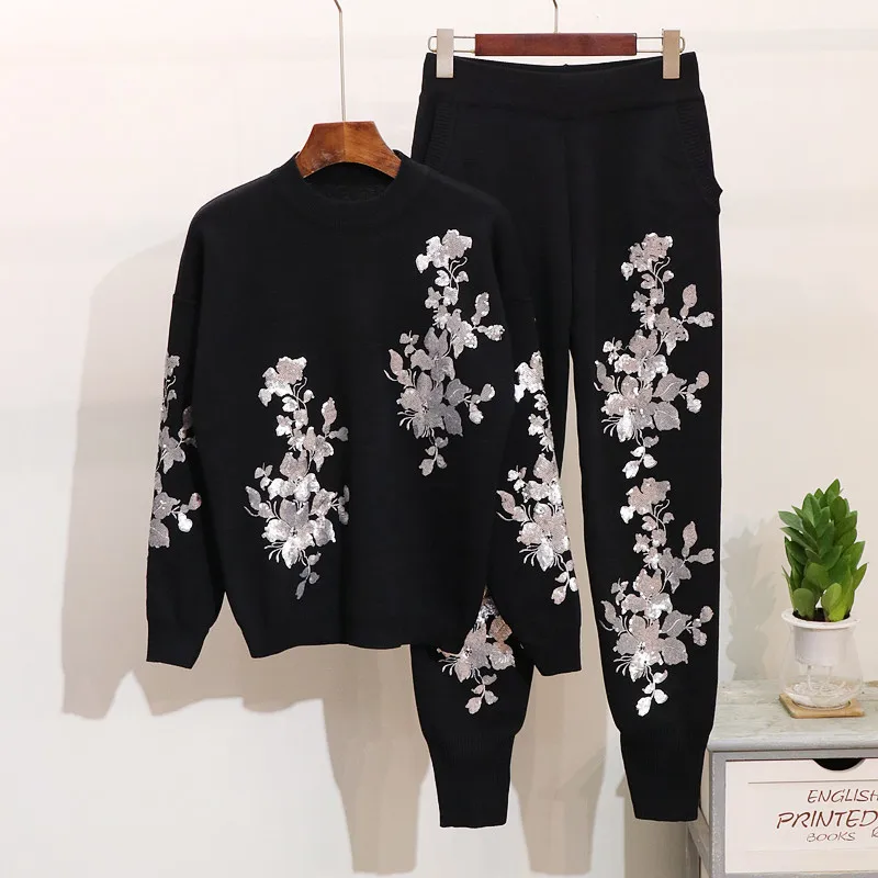 Весенне-осенние вязаные свитера с цветочной вышивкой, черный комплект, женские повседневные спортивные костюмы из 2 предметов, пуловер, топы, штаны-шаровары, комплект из двух предметов