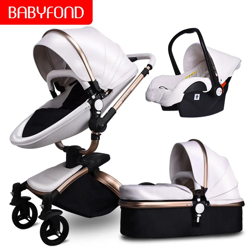 Babyfond 3 в 1 детская коляска из искусственной кожи с двусторонними амортизаторами, детская тележка для автомобиля, тележка в европейском стиле с бесплатным зонтиком в подарок - Цвет: white