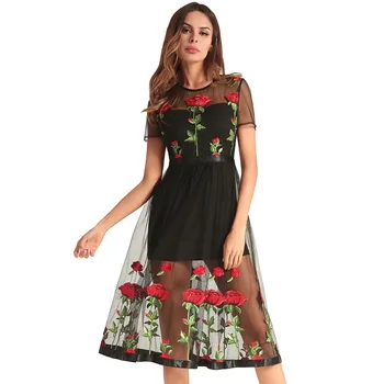 

2018 Hot Women's Dress Summer New Net Yarn Mesh Short Sleeve Perspective Rose Embroidery A Line Dress Mujer Vestidos Fashion