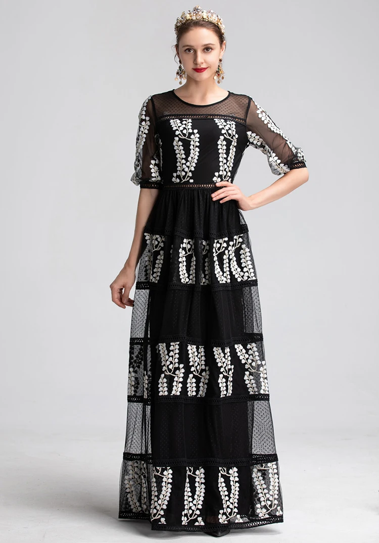 MoaaYina модные женские туфли с пышными рукавами цветочный вышивка лоскутное элегантное платье черный Vestidos праздник макси старинные взлетно-посадочной полосы платья