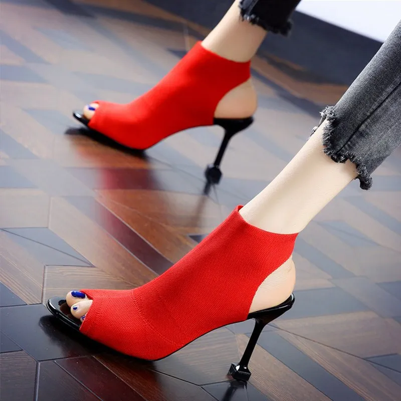

2019 Summer Pumps Stretch knitting Women's Shoes Hollow Out Lady Sandals 8CM High Heels Sexy Peep Toe Woman Sandal chunky heels