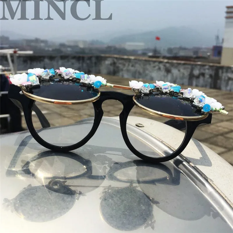MINCL Модные солнцезащитные очки женские брендовые дизайнерские круглые солнцезащитные очки со стразами Винтажные Солнцезащитные очки с клапаном женские летние солнцезащитные очки NX