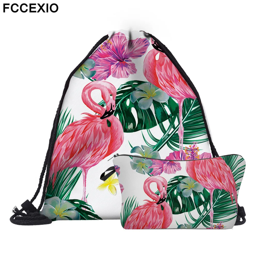 FCCEXIO New 2PCS/Set Drawstring Bags 3D Printed Flamingo Fashion Schoolbags Travel Bag School Backpack Street Shoulder Bags
