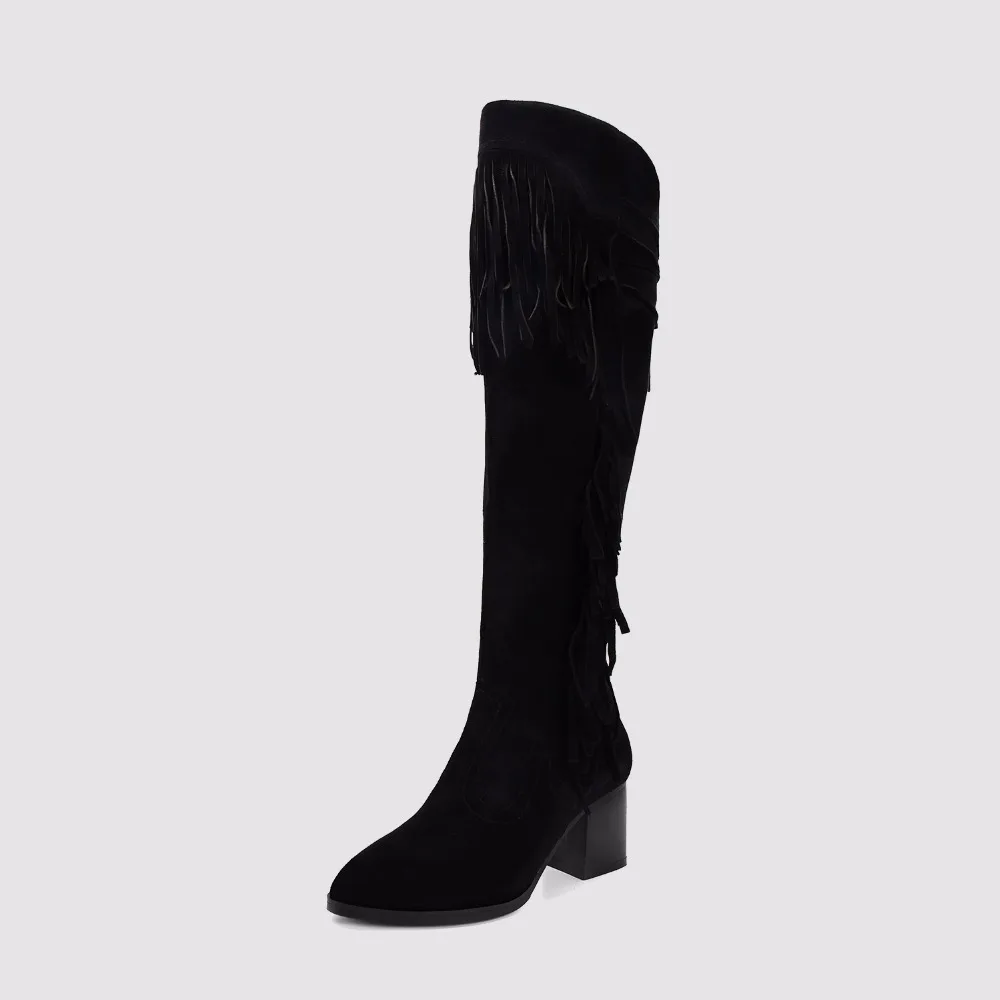 2016 Winter Woman Tassel Over The Knee Boots Suede Genuine Leather Knee High Boots Block Heels Side zip Woman Shoes
