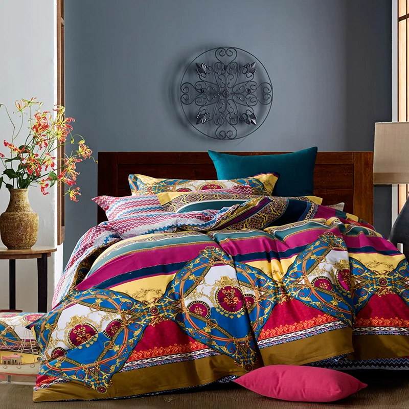 Multicolour Grid Stripe Cotton Duvet Cover Bed sheet Pillowcase 4pcs