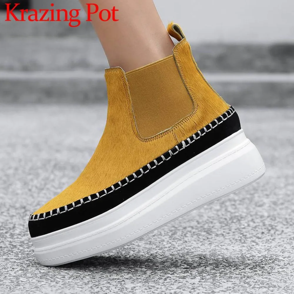 

2018 simple design high quality Gorgeous horsehair cow suede med thick bottom platform round toe slip on short chelsea boots L57