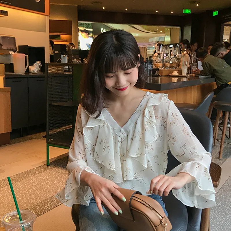 

Small floral print chiffon shirt korean style long sleeve blouse spring autumn women ruffles long sleeve blouses 2019 (F3701)