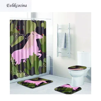 

Free Shipping 4Pcs Pink Unicorn Walking Forest Banyo Bath Mat Set Bathroom Tapete Banheiro Washable Toilet Rugs Alfombra Bano