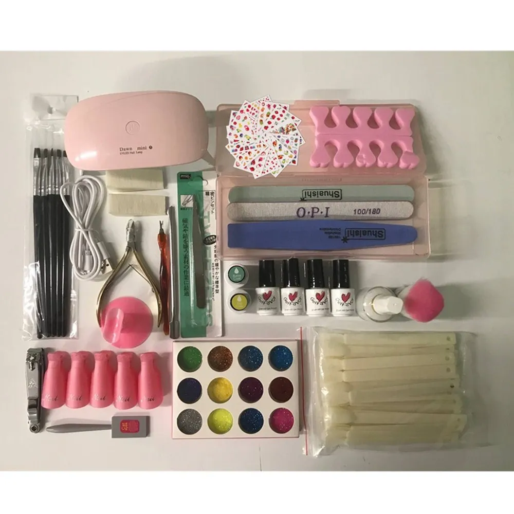 

manicure set of tools nail set kit UV LED Lamp & 4 Color Shimmer UV Gel Nail polish Art Tools nail Set Kit building gel set