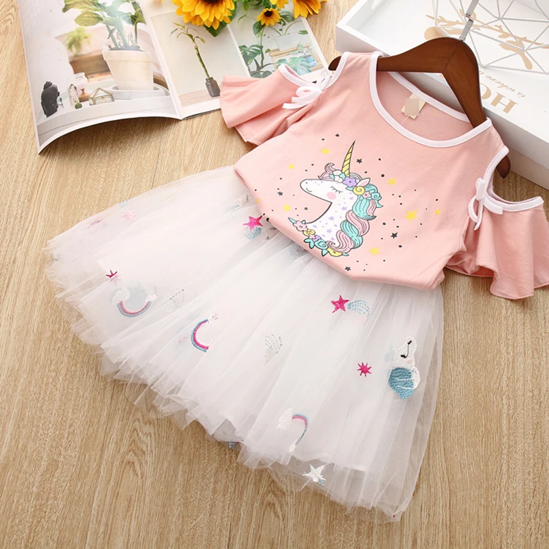Keelorn/комплекты одежды для девочек Летняя Милая футболка принцессы с рисунком для девочек+ платье с вышивкой комплект из 2 предметов, одежда для детей, платье