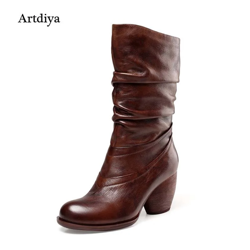 Artdiya 2018 New Winter Boots Genuine Leather Women Boots Retro Thick Heels High Heels Manual High Boots 1087-21 цена Artdiya 2018 New Winter Boots Genuine Leather Women Boots Retro Thick Heels High Heels Manual High Boots 1087-21 цены онлайн