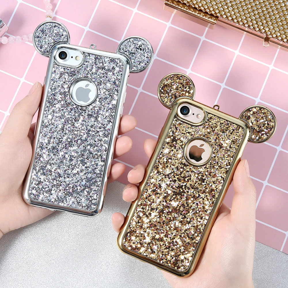 2018 New Kisscase Bling блестка чехол для iPhone 5S 5 SE X 6 S 7 Plus Прекрасный Микки уха покрытие
