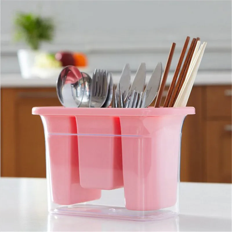 

Kitchen Tableware Storage Organizer Candy Three Grid Kitchen Accessories Spoon Chopsticks Cutlery Drain Plastic Storage Box