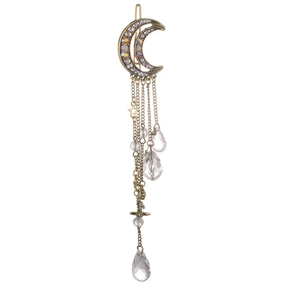 Fashion Elegant Women Lady Moon Rhinestone Crystal Tassel Long Chain Beads Dangle Hairpin Hair Clip Hair Jewelry - Image 6