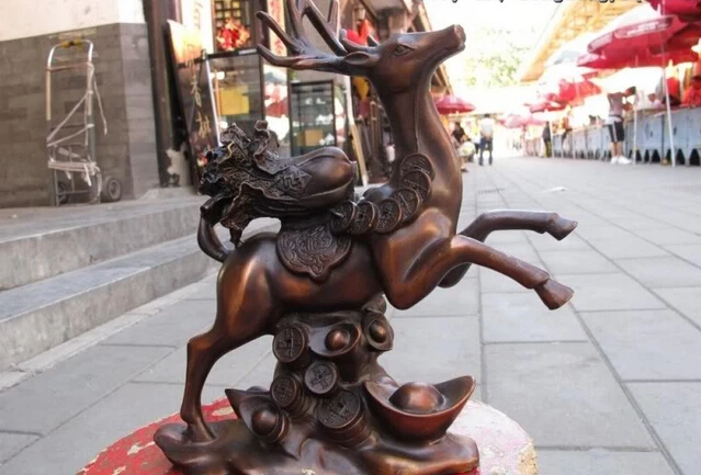 

USPS to USA S0315 China Bronze Copper Feng Shui Auspicious Coin Money cabbage spotted deer Statue (B0413)