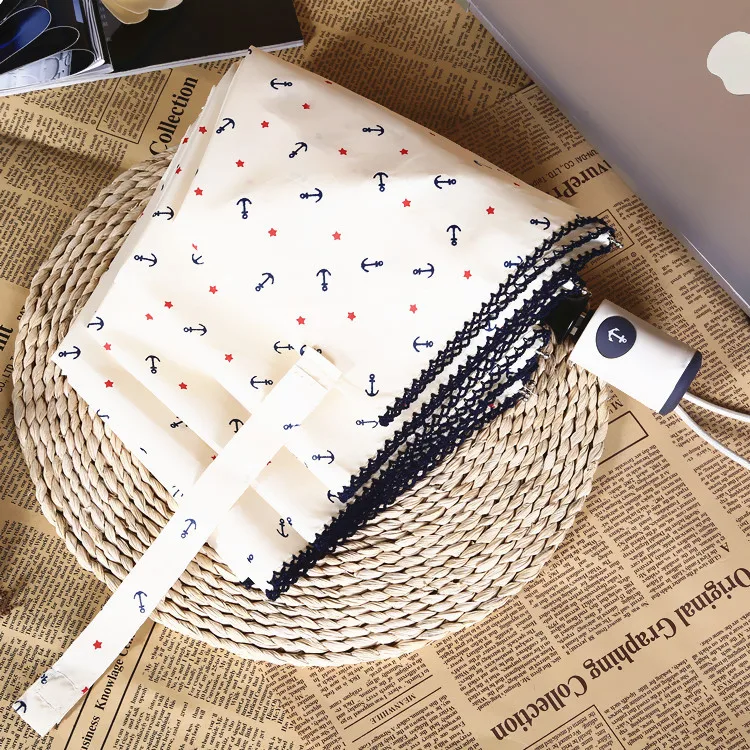 

Anchor Pattern Korean Concise Durable UmbrellaUV-proof Three-Folding Mini Compact Portable Blue White Sun And Rain Unbrella