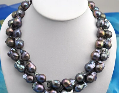 

0002987 Rare 2row baroque black keshi reborn pearl necklace AAA