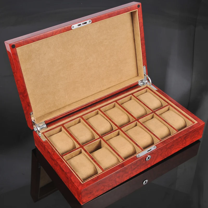 

Top Wood Watch Display Boxes Case Red Wooden Mechanical Mens Watch Oeganizer With Lock Jewelry Storage Case Holder