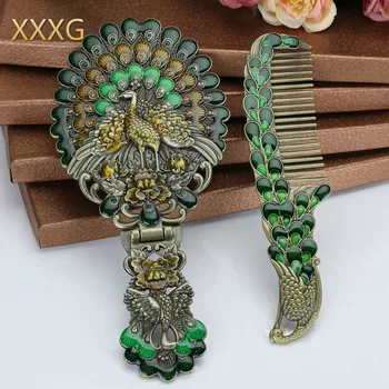 

XXXG//European Russia mirror comb set retro portable cosmetic mirror box handle ethnic peacock suit Process the peacock TV ark
