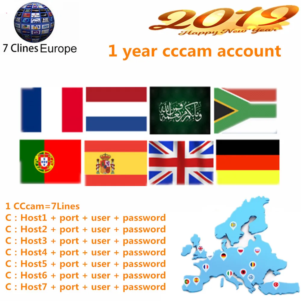 

hot sale 1 year Europe cccam account 7 lines dvb s2 satellite tv reveive freesat V7S HD V8 V9 super for Spain Arab Germany Chile