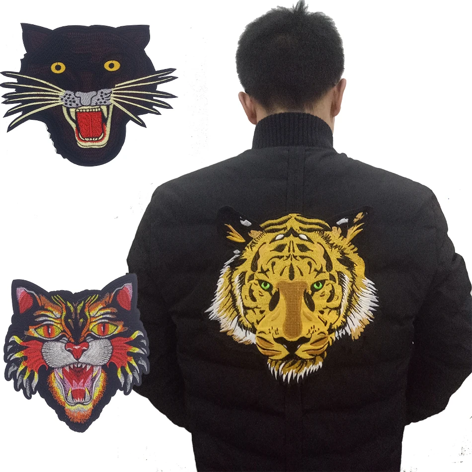 

New! Large Embroidered Patch Iron on Yellow Tiger,vivid Tiger Head, Leopard,cobr snake good for motor jacket Fashion 2017