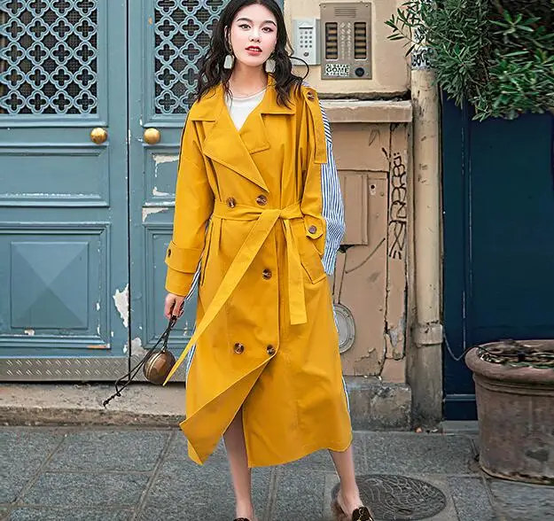 

2018 Autumn Trench Coat for Women Casual Patch Design Turn-down Collar Wide-waisted Double Breasted Coat Oversize Outwear