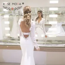 Роза мода с длинным рукавом оболочка свадебное платье открытая спина свадебное платье в стиле бохо с кружевом