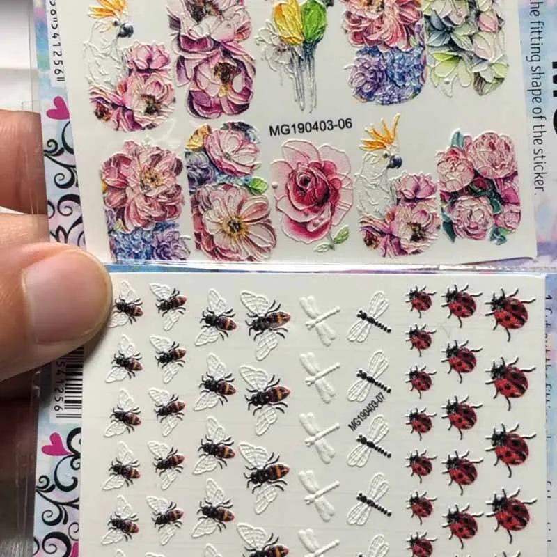  1sheet Engraved bee 3D Acrylic Nail Sticker Embossed lace Flower Water Decals Empaistic Nail Water 