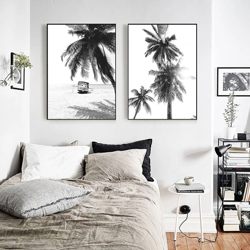 Скандинавские тропические пальмы холст живопись черный белый пляж плакат печать пейзаж стены искусство картина для гостиной домашний декор