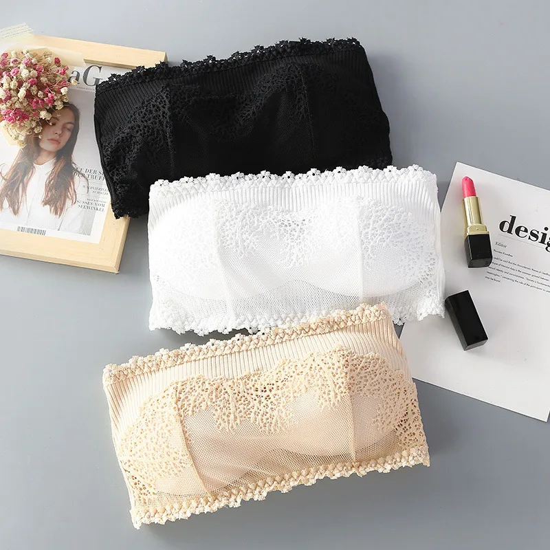 

White Black Lace Tube Top Women Wire Free Sexy Lace Brassiere Wrapped Chest Solid Color Strapless Push Up Crop Tops Female