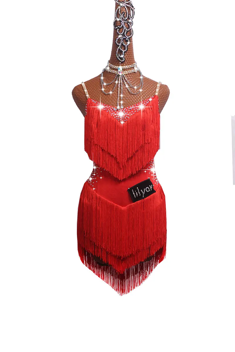 Sparkly Rhinestones Latin Dance Dresses For Women S-L Red Sexy Salsa Fringe Skirt Evening Dress Ballroom Competition Clothes